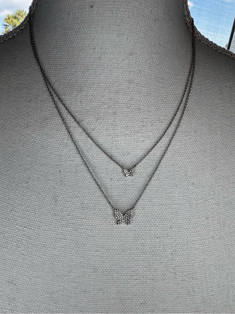 Jennifer Miller White Gold Plated Pavé Double Butterfly Necklace